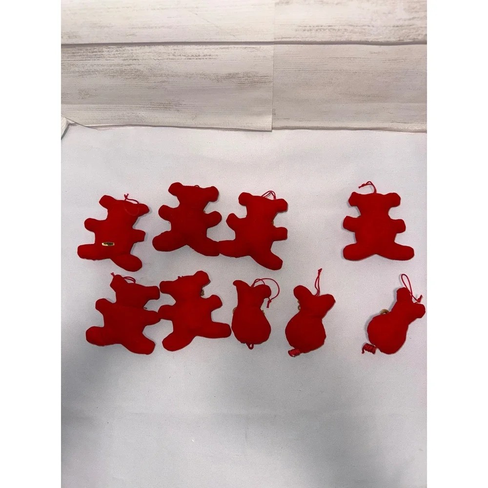 Vintage Red Flocked Bear and Mouse Christmas‎ Ornaments Set of 9 Gold Bows